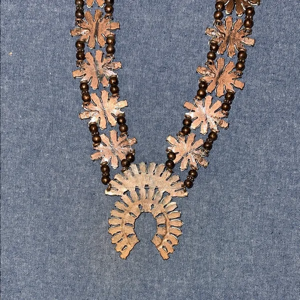 Squash Blossom Style necklace with real stone and bronze colored setting Brown - Image 7