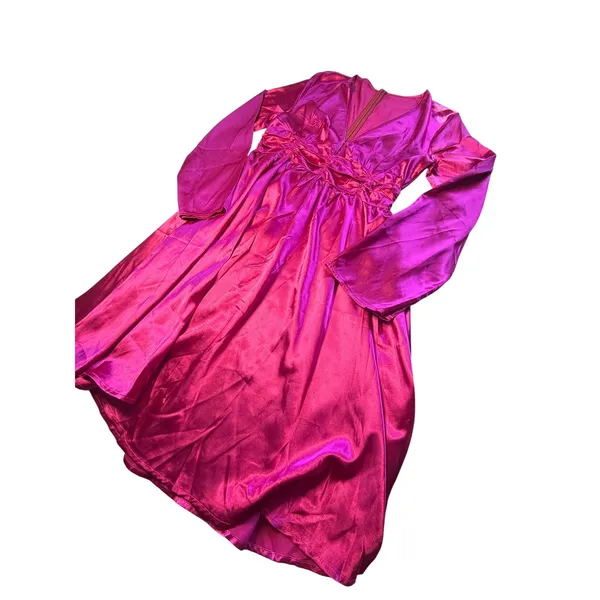 Magenta Pink Satin‎ Long Sleeve Ruched V-Neck Mini Dress S/M - Image 2