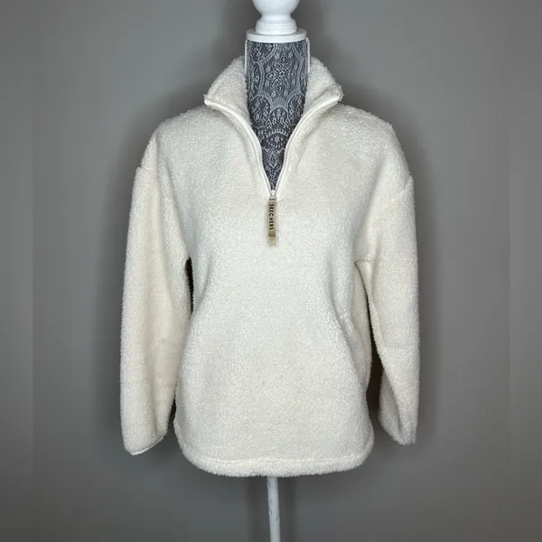 SKECHERS Womens 1/4 Zip Fleece Pullover with Kangaroo Pockets Cream Size XS - Image 5