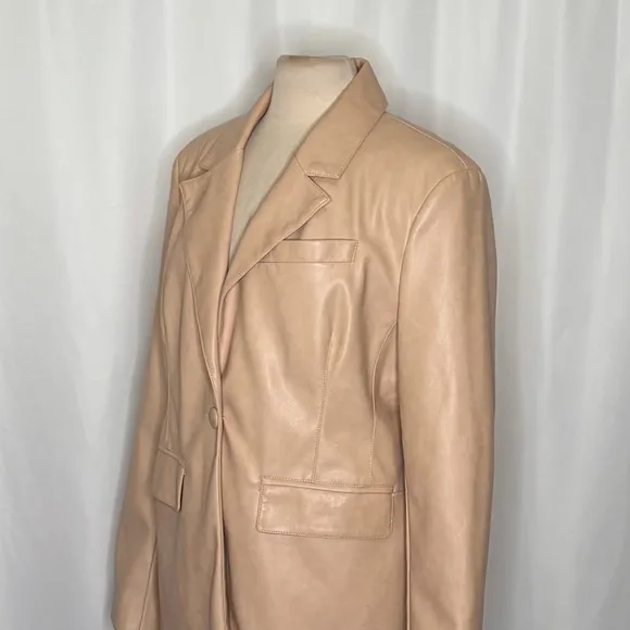 AVEC LES FILLES Tan Vegan Faux Leather Jacket Blazer Single Button Solid X-Large - Image 6