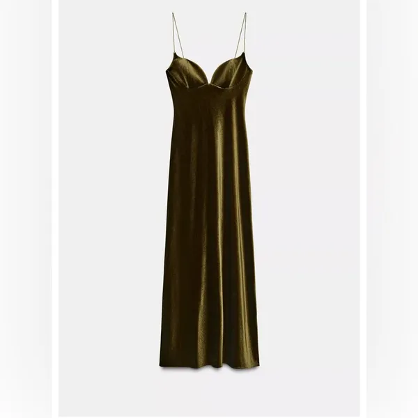 Zara‎ velvet STRAPPY bottle green maxi dress - Image 3