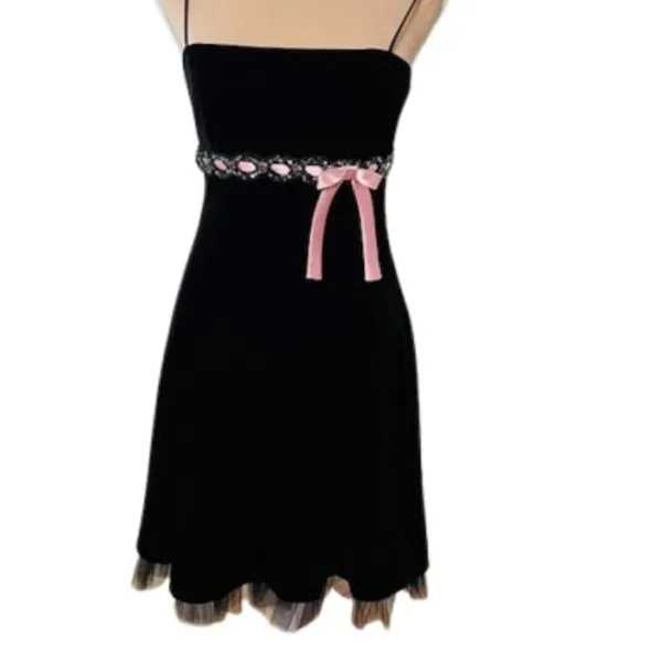 Betsy & Adam Vintage Black Velvet Mini Dress Pink Bow 6 XS - Image 9