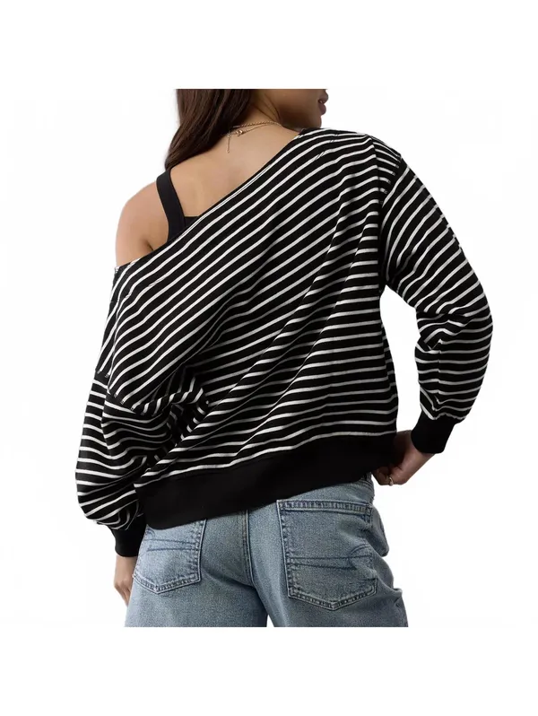 AE Off The Shoulder Sweatshirt American Eagle Black White Striped NWT Size Small - Image 5