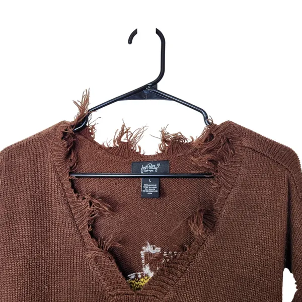 Just Polly New York Brown Daisy Floral Knit Frayed Hem Pullover Sweater Large - Image 3