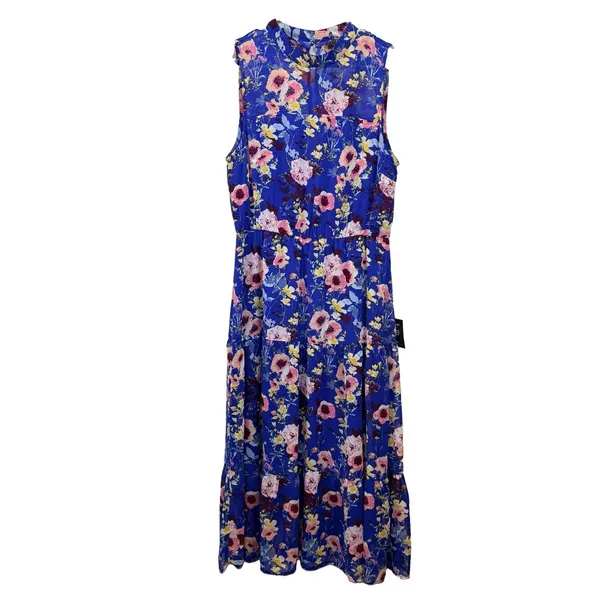 Lulus In My Dreams Blue Floral Sleeveless Chiffon Midi Dress LARGE Wedding - Image 5