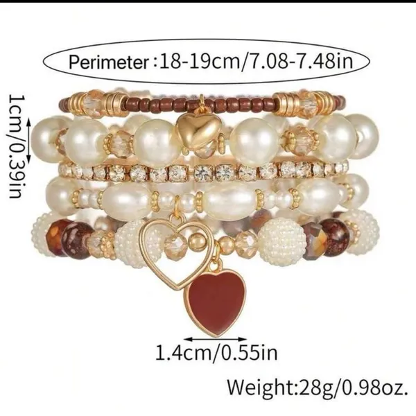Boho Pearl & Crystal Heart Charm Bracelet Stack (5 Pieces) Gold - Image 2