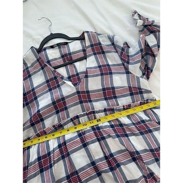Zara White Red Blue Plaid V/Neck Fit& Flare Pleat Tunic Midi Dress Sz L - Image 5