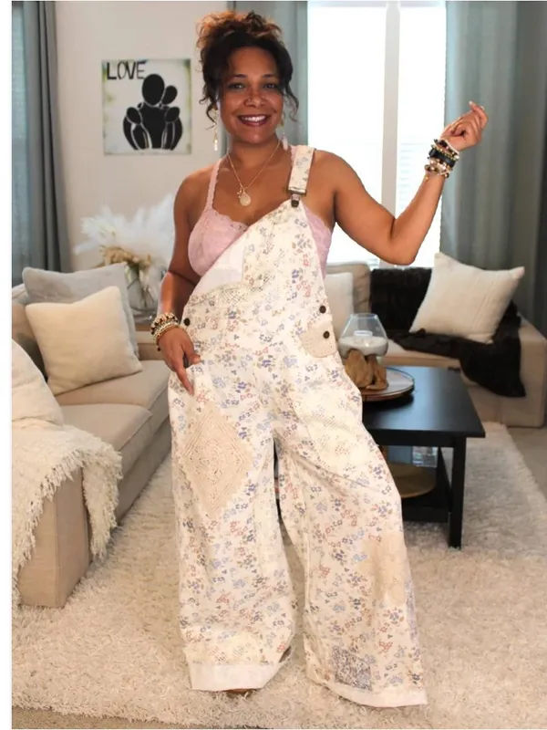 NWT POL Touch of Flowers Crochet Patch Overalls, Cream Floral Patchwork - Image 9