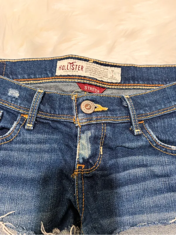 Y2K 2000s Hollister Women's Dark Wash Distressed Denim Low Rise Jean Shorts - Image 2