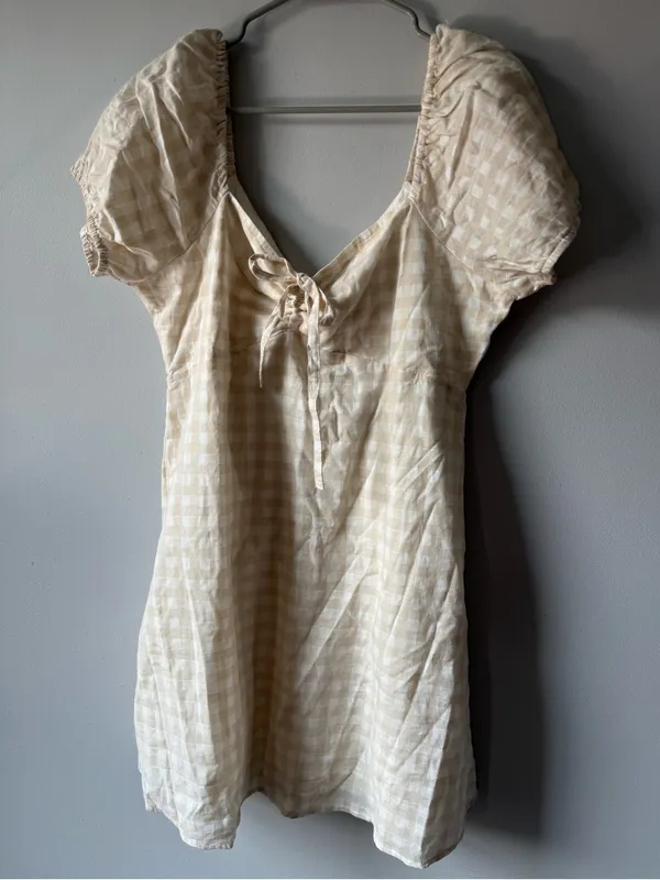 Lulus Love Sweetly Beige Gingham Puff Sleeve Mini Dress Checkered Beige White XL - Image 5