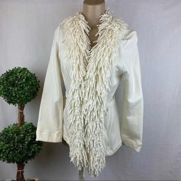 Ruby Rd. Ivory Fringe Trim Cotton Cardigan Tie Ponte Knit Sweater M - Image 3