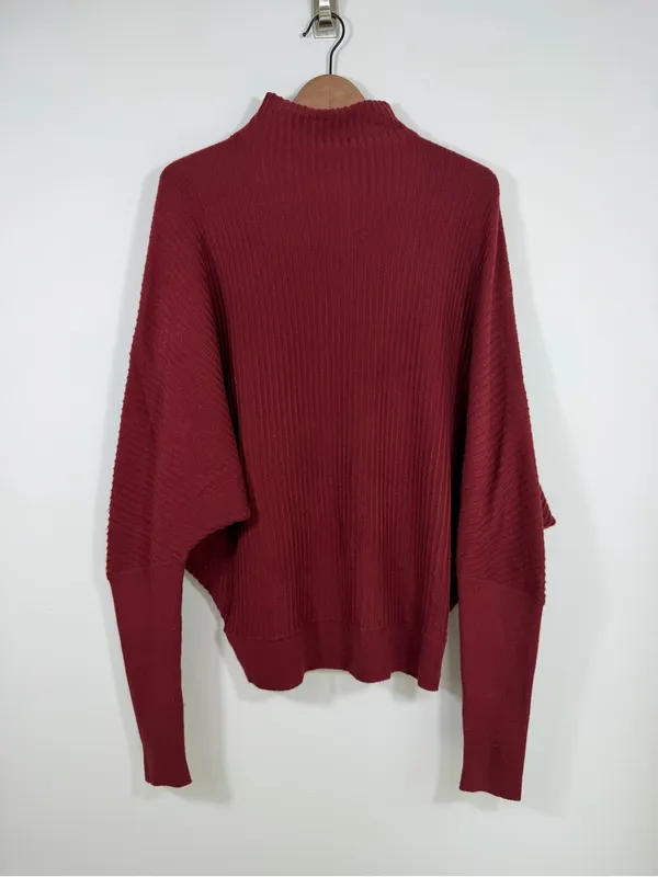 French Connection Burgundy Ribbed Batwing Mock Neck Sweater Large Oversized - Image 2