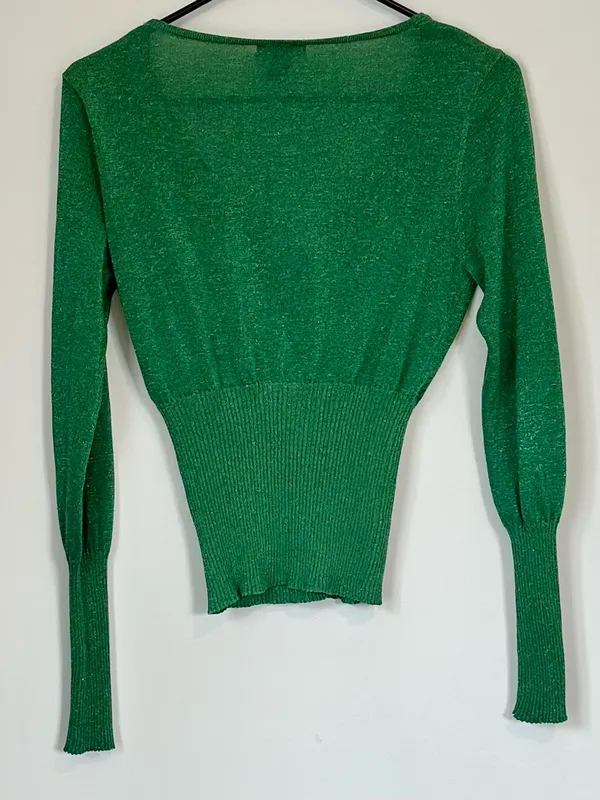 H&M Metallic Green V-Neck Button Cardigan Sweater - Size: Medium - Image 6