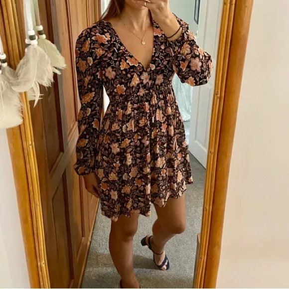 Billabong Sweetest Dream Floral Mini Dress Black Pebble Long Sleeve L - Image 8