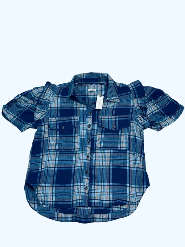 Pilcro Anthropologie Plaid Puff Short Sleeve Blouse - Image 3