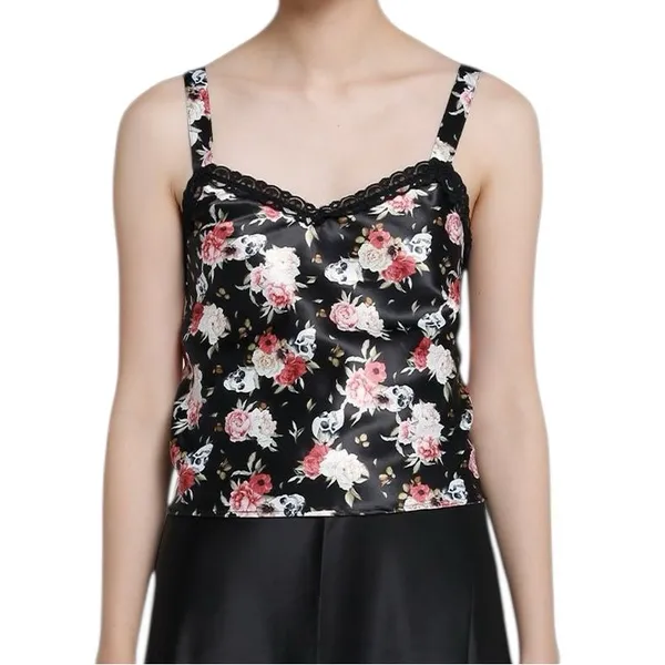Hot Topic Skull & Flowers Satin & Lace Strappy Tank Top - Image 2