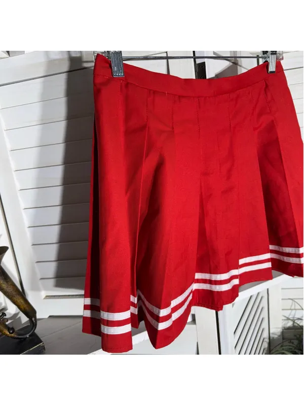Y2K pleated cheerleader mini skirt red & white cotton school girl cosplay preppy - Image 4