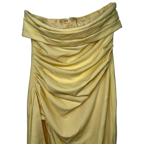 NWT Babyboo Zafira Lemon Yellow Ruched High Slit Draped Maxi Dress Womens Size L - Image 8