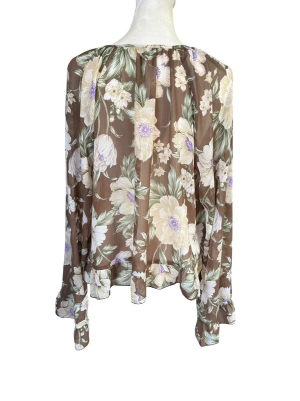 Loft brown and ivory floral ruffle tie front sheer blouse women's size medium - Image 4