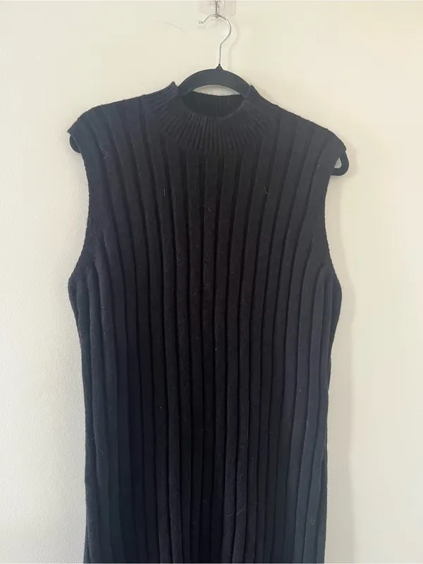 Black Ribbed Knit Midi Dress Large Sleeveless Mock Neck Minimalist Capsule - Image 2
