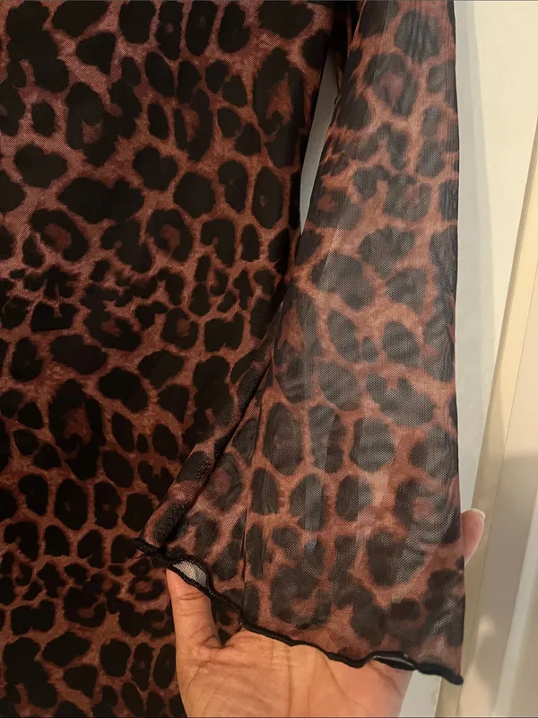 Leopard Print Bell Long Sleeve Sheer Dress - Brown Animal Print Y2k Mesh Sheer - Image 4