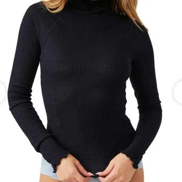 INTIMETELY FREE PEOPLE Womens XL Make It Easy Thermal Top Lettuce Trim Navy Blue - Image 2