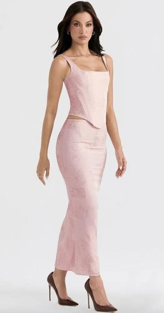 HOUSE OF CB Luisette Floral Satin Midi Skirt in Pink Metallic Size Small - Image 14