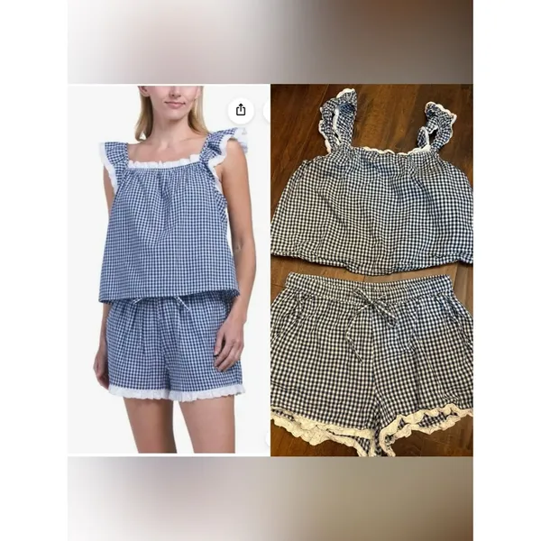 Caroline Constas 2pc Cotton Gingham Short Pajamas Set Size Navy Small - Image 2