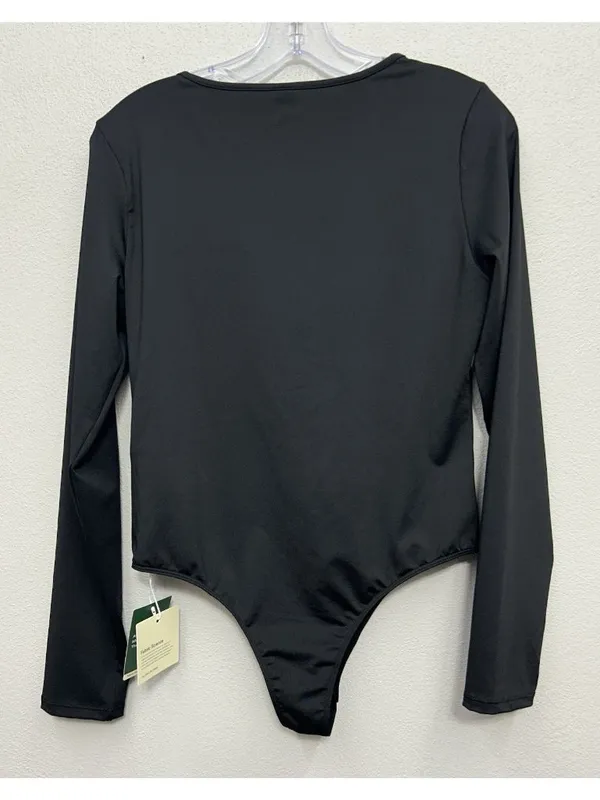 NWT Halara Round Neck Long Sleeve Bodysuit Size large Black Bodycon Stretch Fit - Image 2