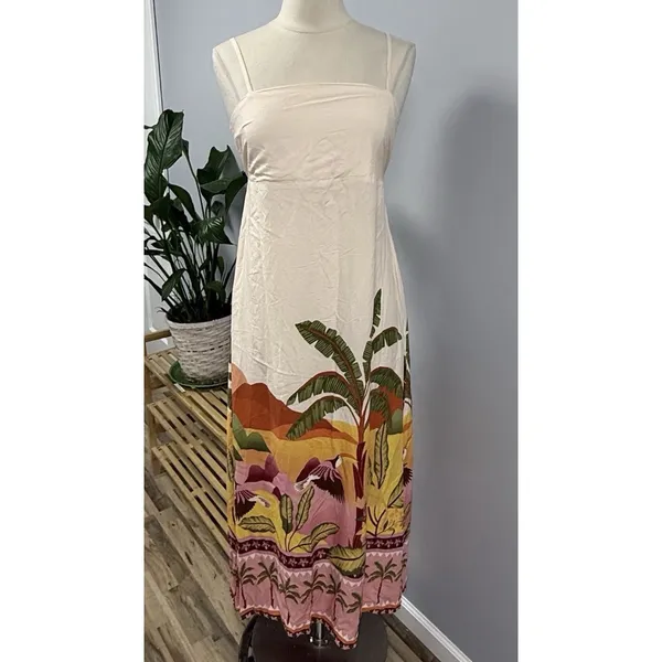 New Paper Heart Strapless Maxi Dress Linen Tropical Palm Print Resort Size Small - Image 2
