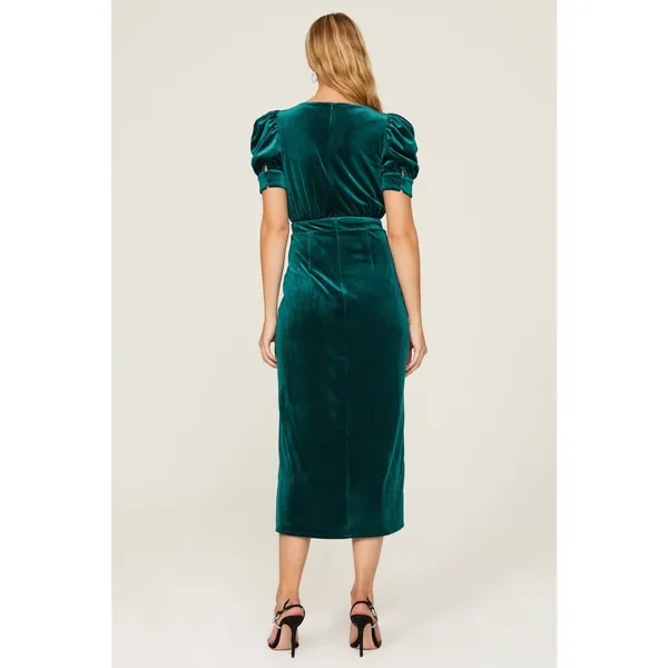 Yumi Kim Tamra Green Velvet Puff Sleeve Faux Wrap Midi Cocktail Dress Size Small - Image 2