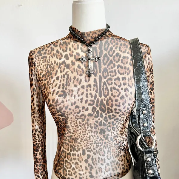 Mesh‎ Leopard Print Top, Soft Grunge Indie Sleaze Mall Goth 2000s Small - Image 2
