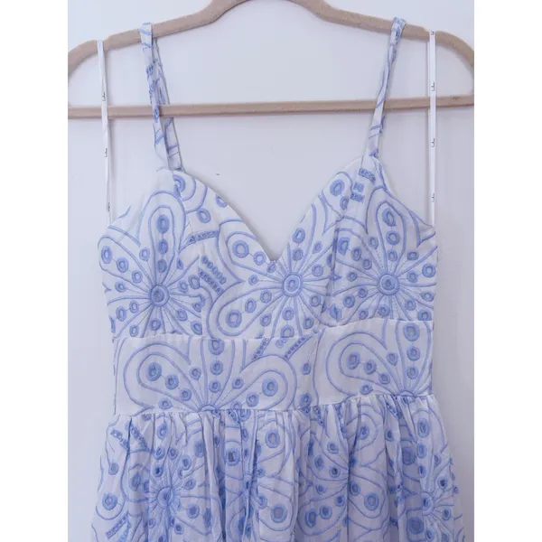 Lulus Floral Eyelet Embroidered Midi Dress Small White Blue Preppy Party Greece - Image 3