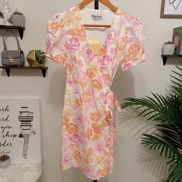 Charlie Holiday Calile Floral Wrap Mini Dress Linen Puff Sleeve Cottagecore - Image 7