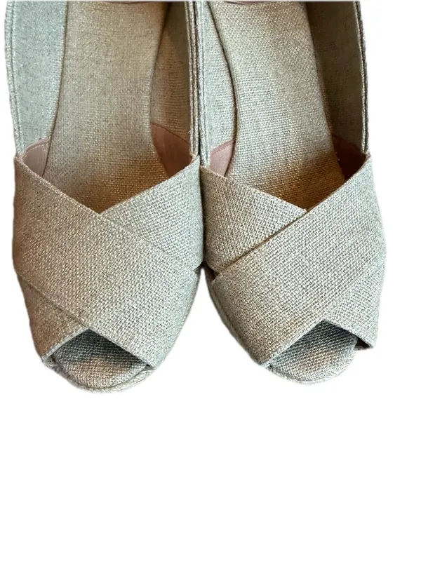 Tory Burch Tan Canvas Peep Toe Espadrille Wedges Platform Stretch Size 9 Women's - Image 3