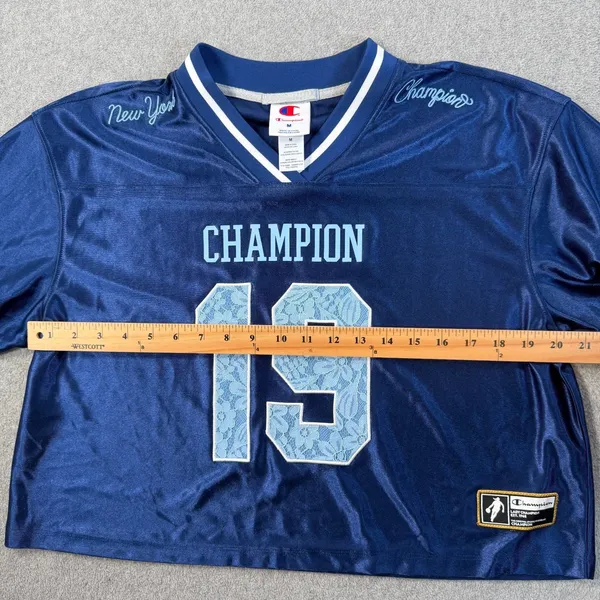 Champion New York 19 Cropped Football Jersey Top Women's Medium Blue Lace - Image 8