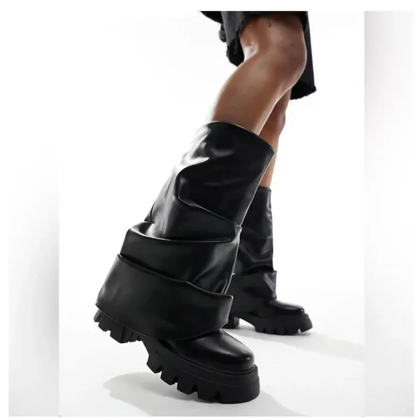 Azalea Wang Mate Boots Womens 11 Black Ruched Mid Calf Lug Sole Moto Y2K Gothic - Image 2