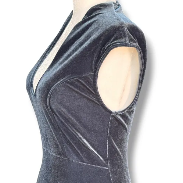 Y2K Windsor Blue Gray Velvet Midi Dress V Neck Bodycon Cocktail Party Holiday - Image 4