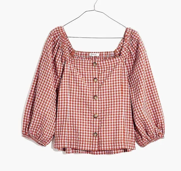 Madewell Gingham Seersucker Puff-Sleeve Button-Front Top Size 4 - Image 4