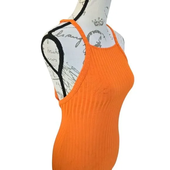 Zara Women's Orange Ribbed‎ Midi Dress Halter Neck Open Back Size Small - Image 5