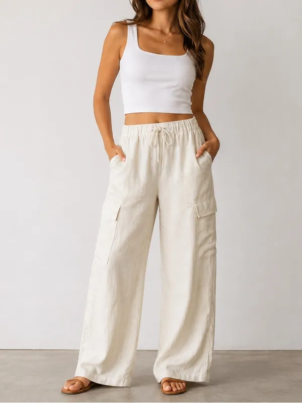 Calvin Klein Ivory Linen Blend Pull On Wide Leg Cargo Pants - Image 8