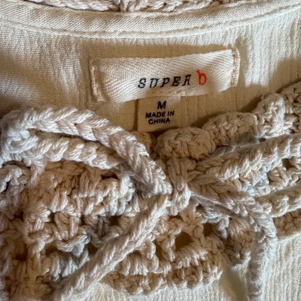 Super B Cream Crochet Lace Trim Gauze Peasant Blouse Top Medium - Image 5