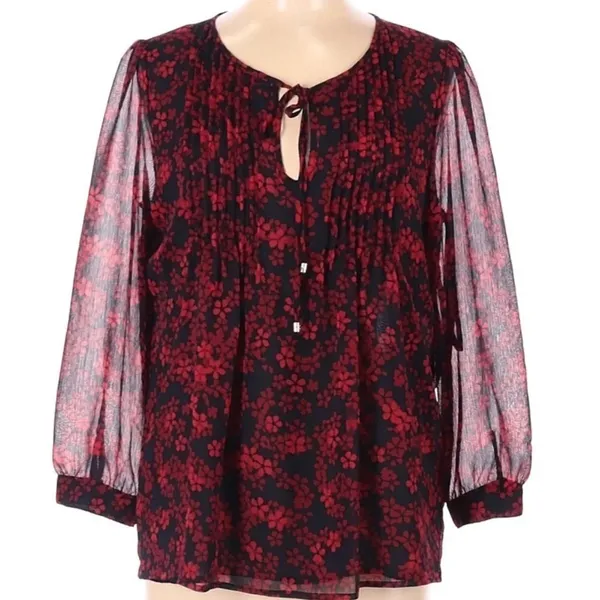 Tommy Hilfiger Pintucked Tie 3/4 Sleeve Floral Top v6x - Image 2