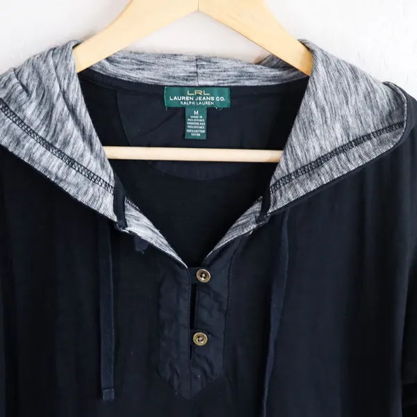 LRL Ralph Lauren Jeans Co Black Long‎ Sleeve Henley Hoodie Size M Y2K Activewear - Image 14