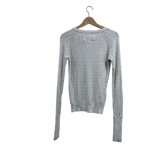 American Eagle Womens Cable Knit V-Neck Sweater Gray Cotton Angora Blend Large - Image 2