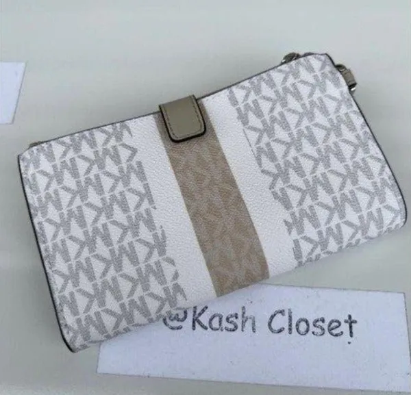 Michael Kors Light Sand Multi Double Zip Wristlet MK Signature Stripe JetSet Bag - Image 3