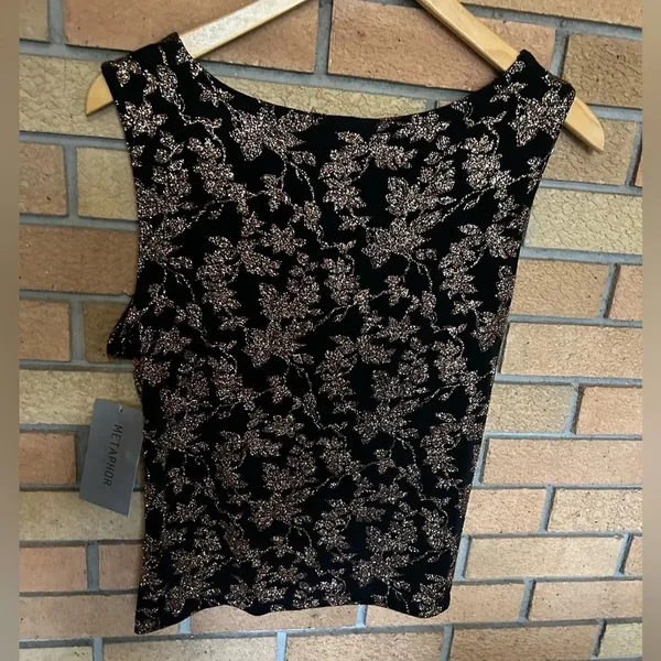 METAPHOR Black Top Women's Large Stretch Tank Gold Glitter Holiday Sparkle NWT - Image 5