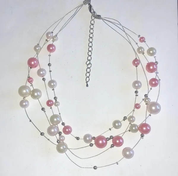 Silver Tone & White Pink Faux Pearl Beaded Boho Multi Strand Wire Necklace - Image 5