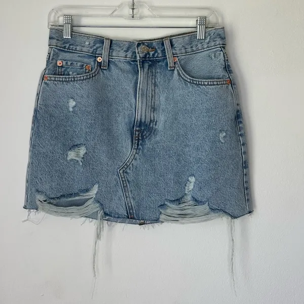 Mango MNG High Waist Denim‎ Mini Skirt Hailey Raw Hem Size S - Image 2