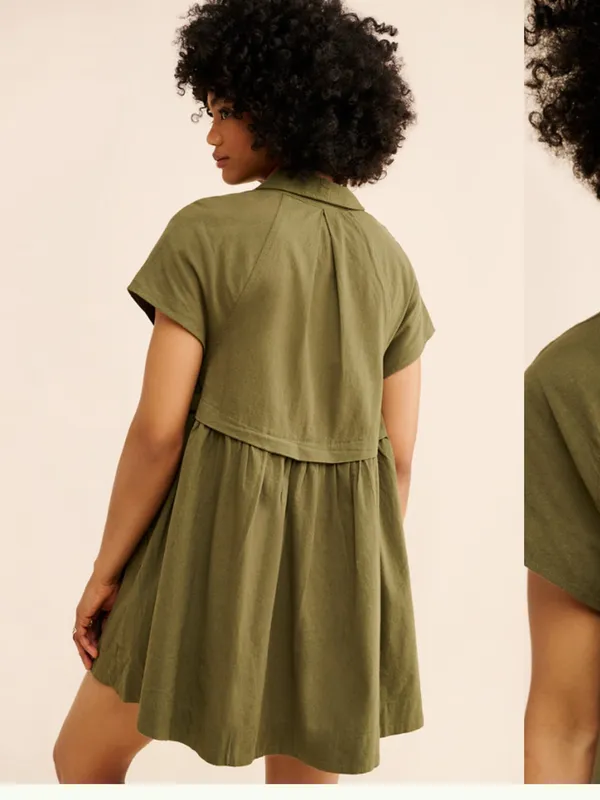Free People Olive Green Short-Sleeve Button Front Tunic - Image 2